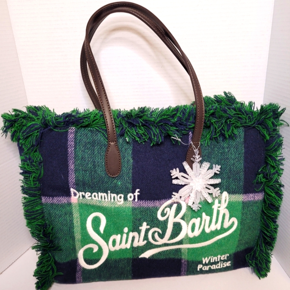 MC2 Saint Barth Wool Velvet Trim Leather Handle Tote Bag Blue Green Plaid